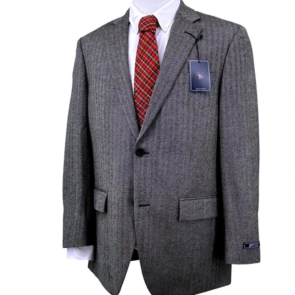 Mens Classic Herringbone Wool Blazer 40R Grey‎ Sport Coat American Living